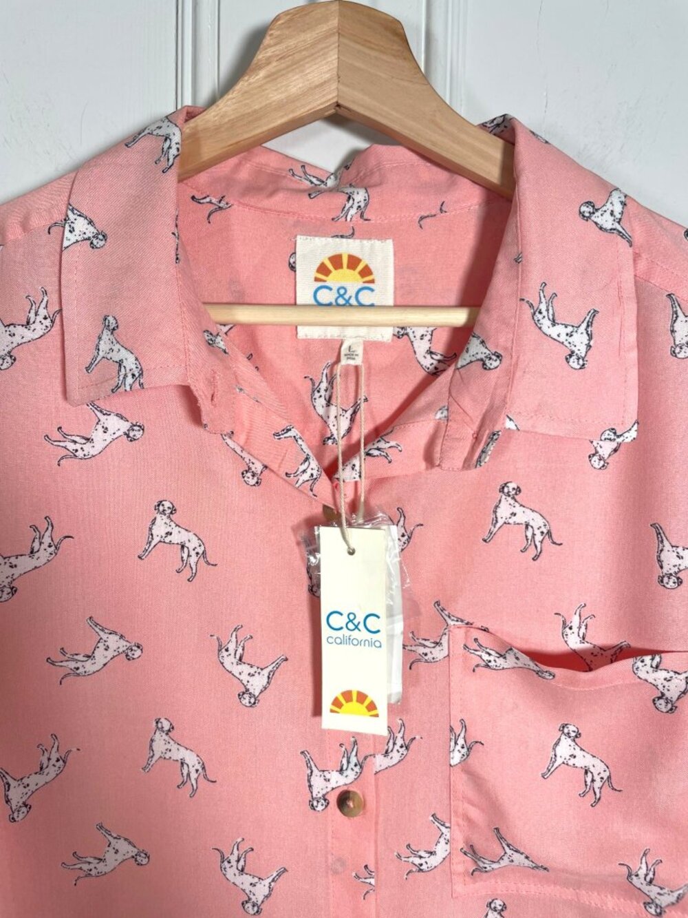C&C California Button Up Long Sleeve Blouse Shirt LARGE Pink Dogs NEW - Picture 3 of 10